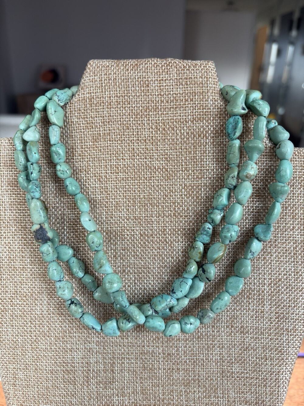 Vintage Native American Sterling Silver Polished Turquoise Multi Strand Necklace